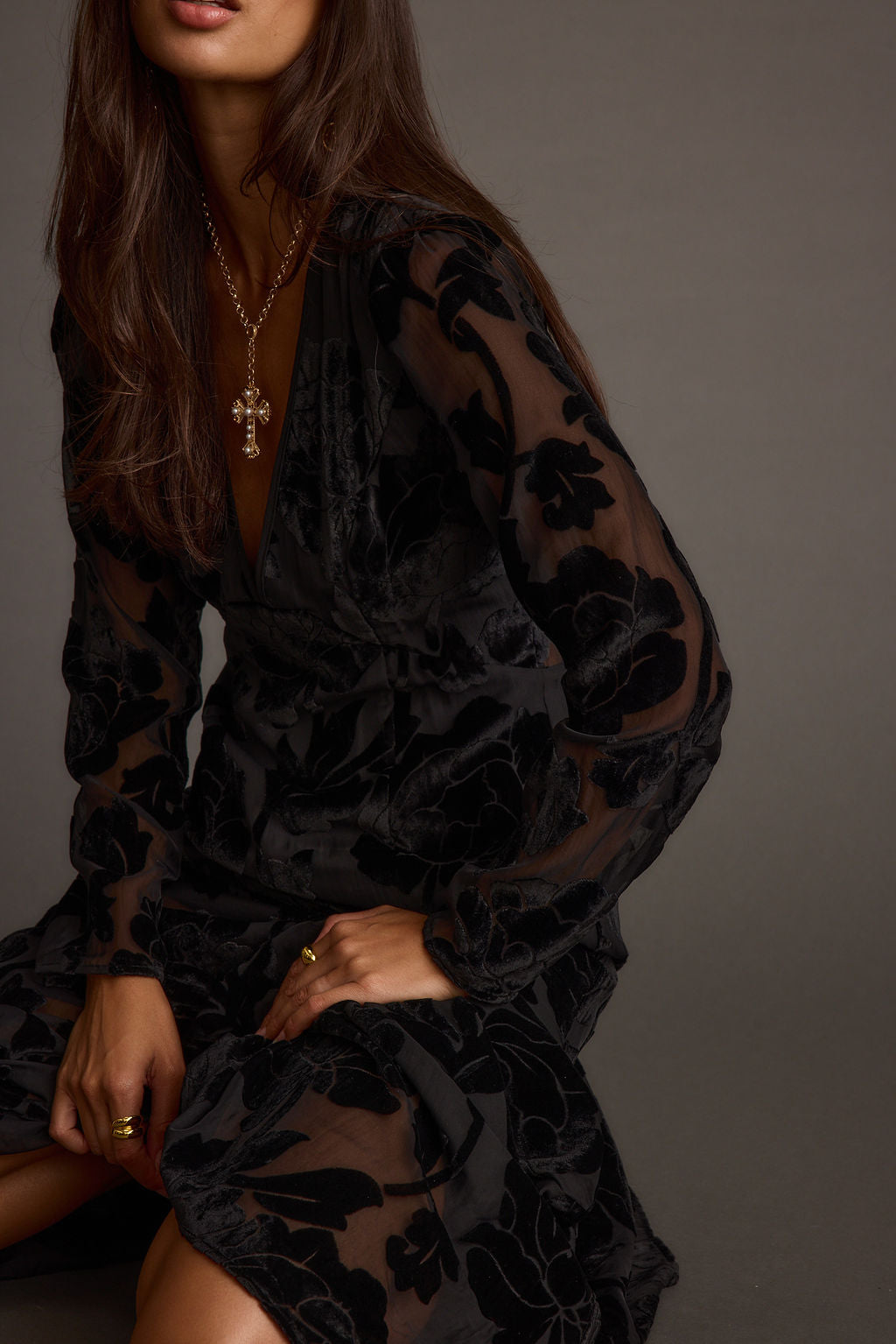 Angela Black Velvet Burnout Long Sleeve Maxi Dress