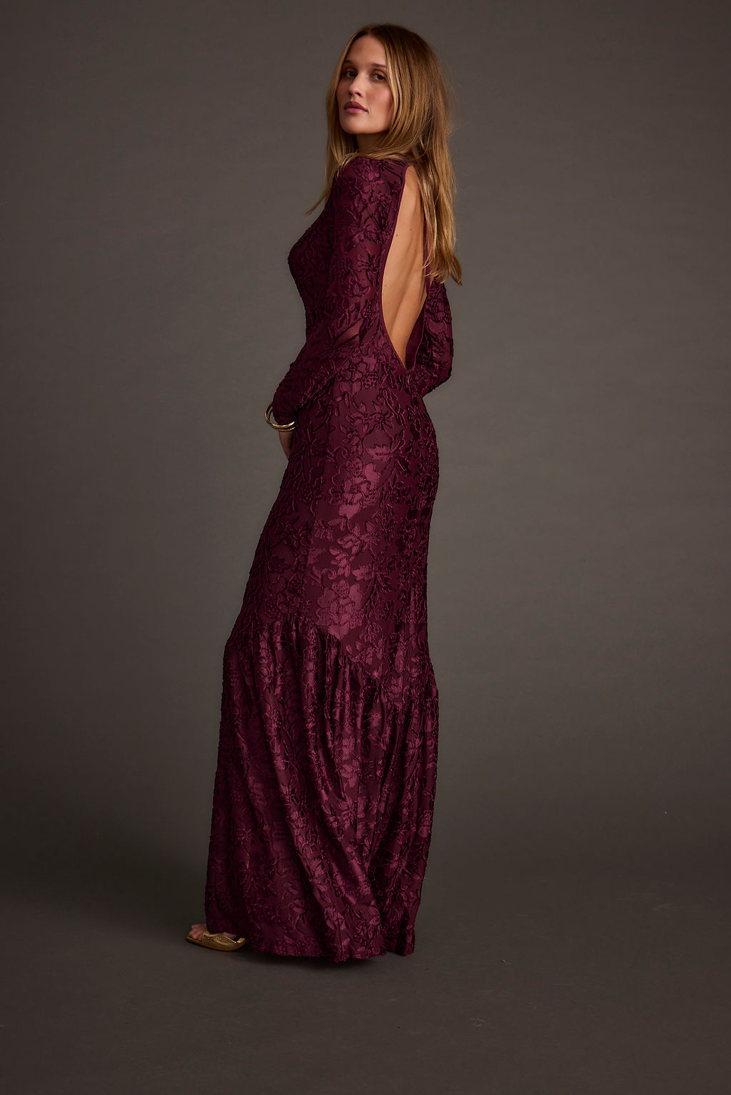 Angela Mulberry Velvet Burnout Long Sleeve Maxi Dress