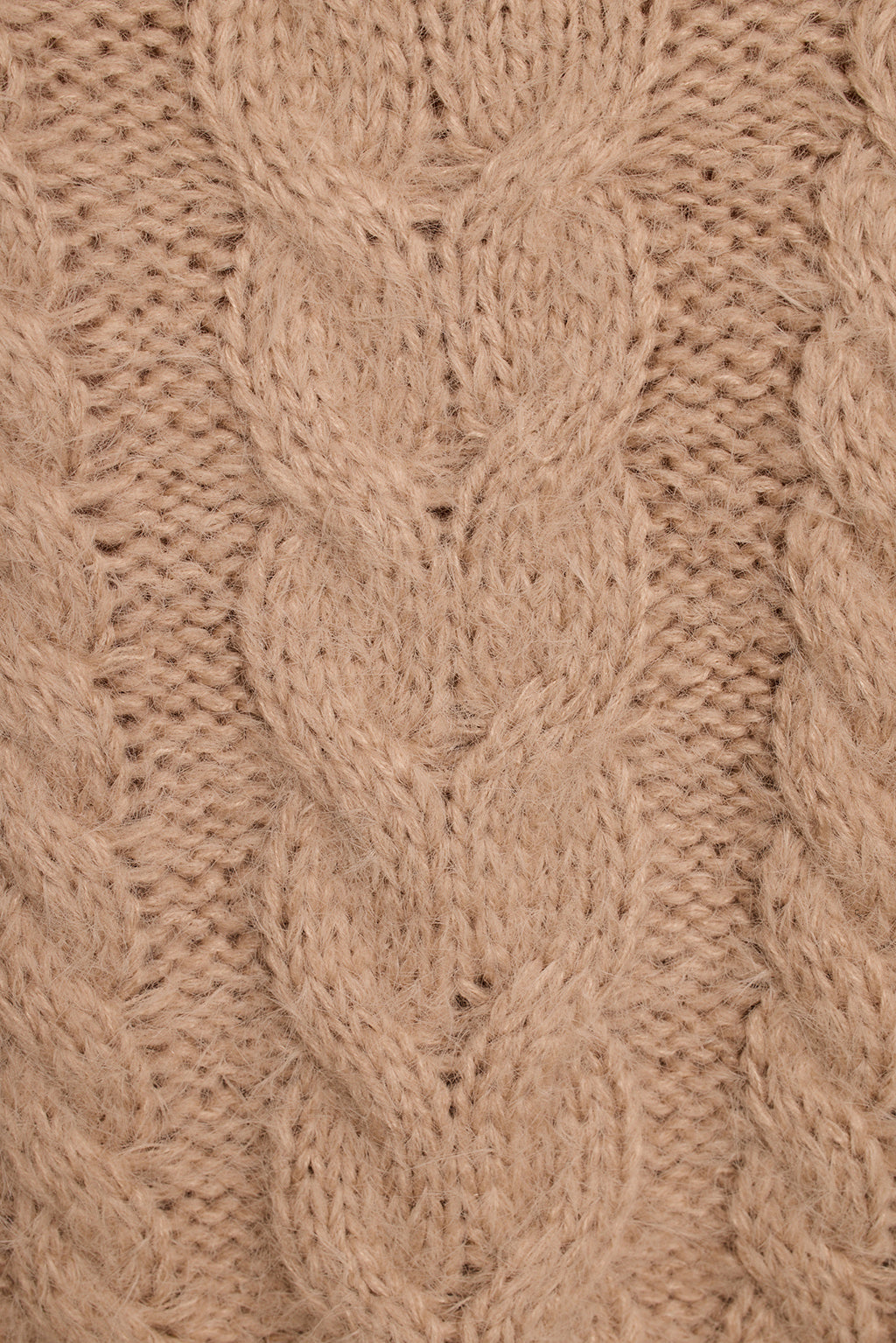 Cable knit cardigan close-up of oatmeal fuzzy knit texture and tortoiseshell buttons