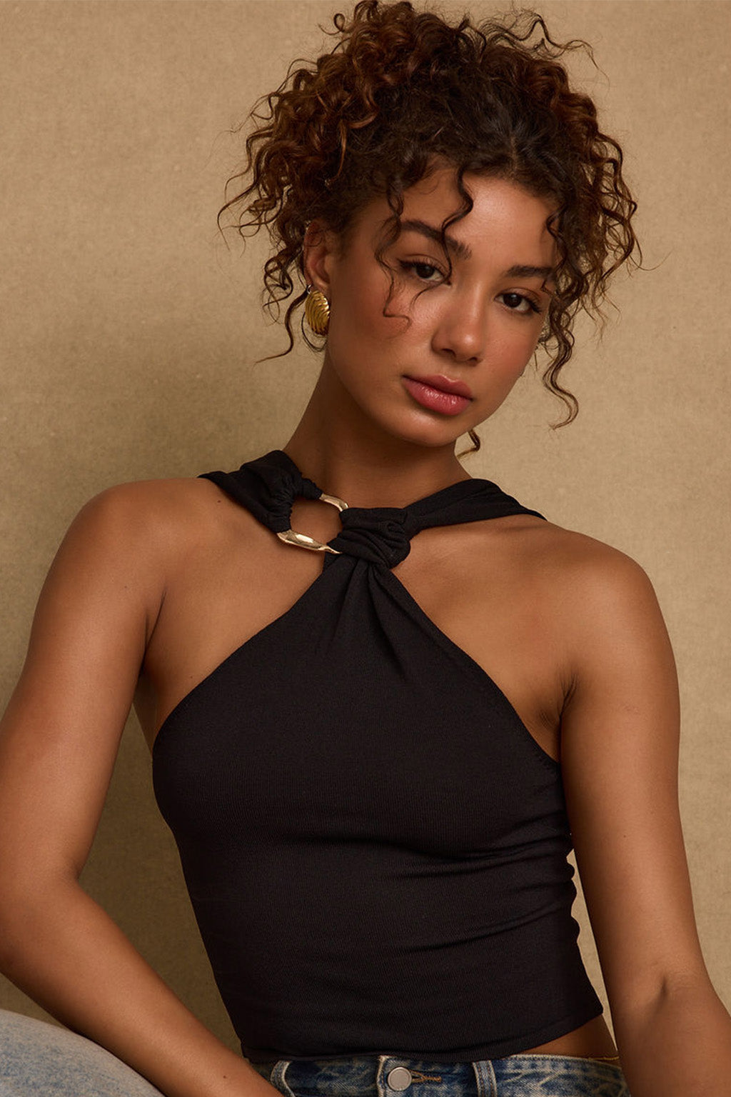 Additional view of the Azula Black Embellished Halter Top from a different perspective.