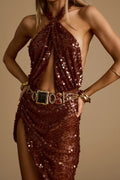 Bronze mini dress with elegant accents, a sequin mini dress essential.