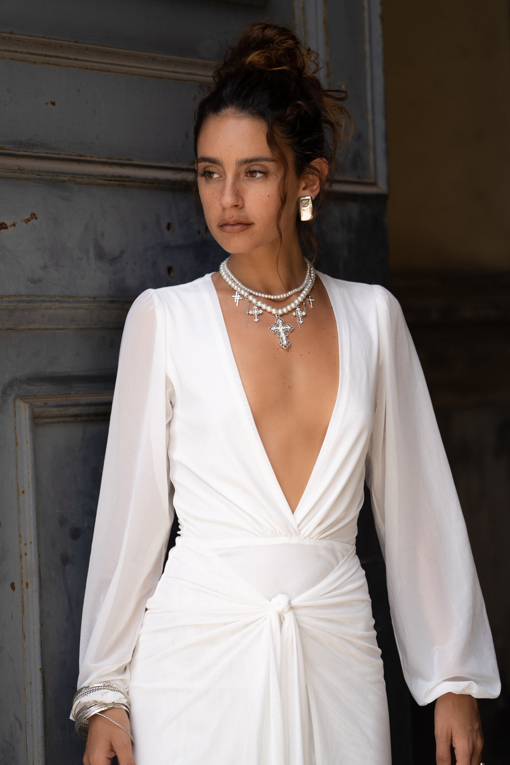Bella White Mesh Plunge Maxi Dress styled in a complete look from an alternate angle.