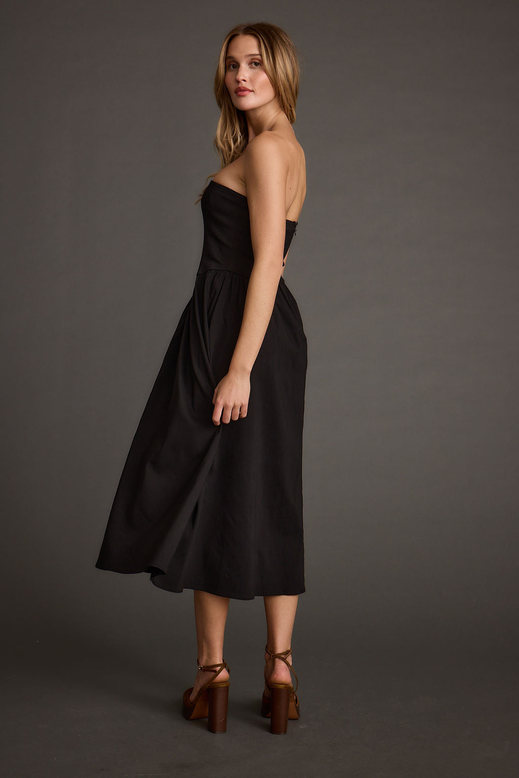 Blaire Strapless Drop Waist Midi Dress