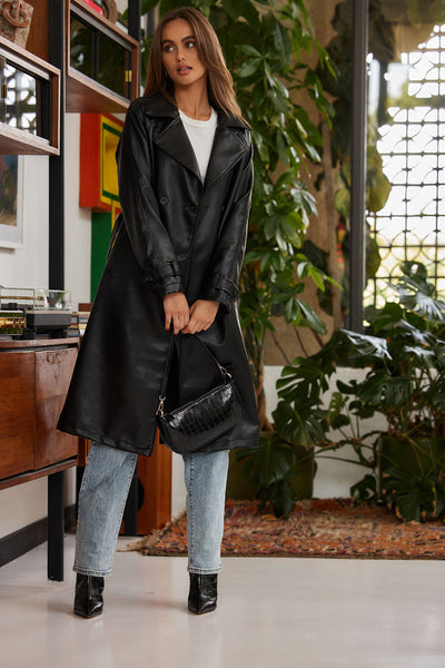 Brynne Faux Leather Black Trench