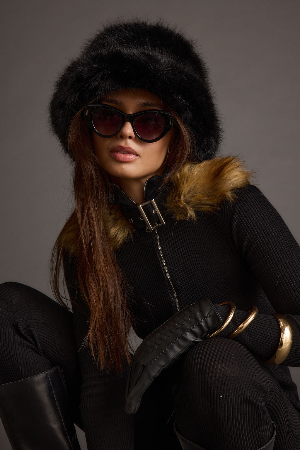 Bucket Down Black Faux Fur Hat