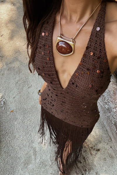 Barefoot Espresso Crochet Sequin Maxi Dress - S Size - Women's Dresses