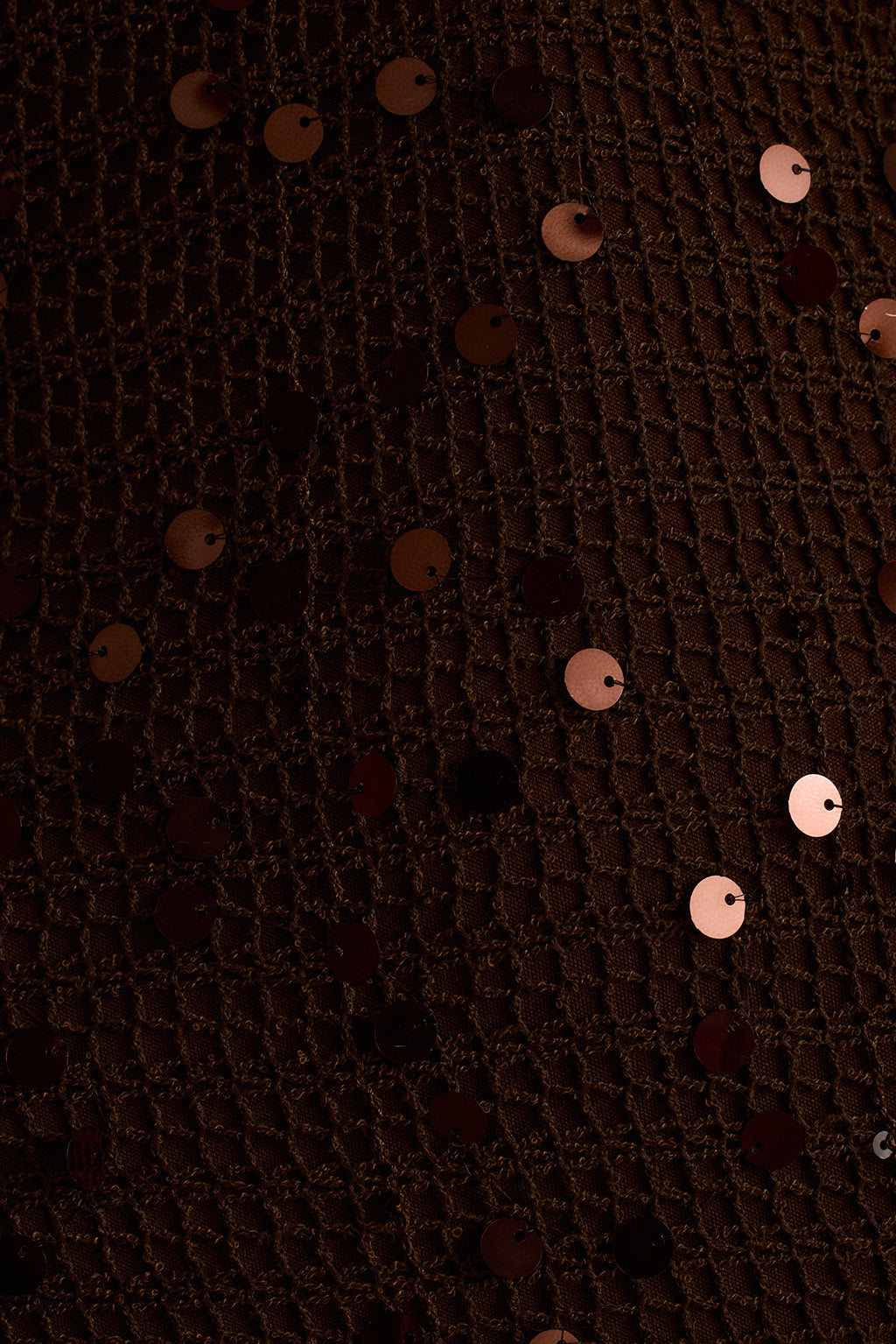 Espresso brown crochet knit fabric scattered with round sequins in a close-up detail.