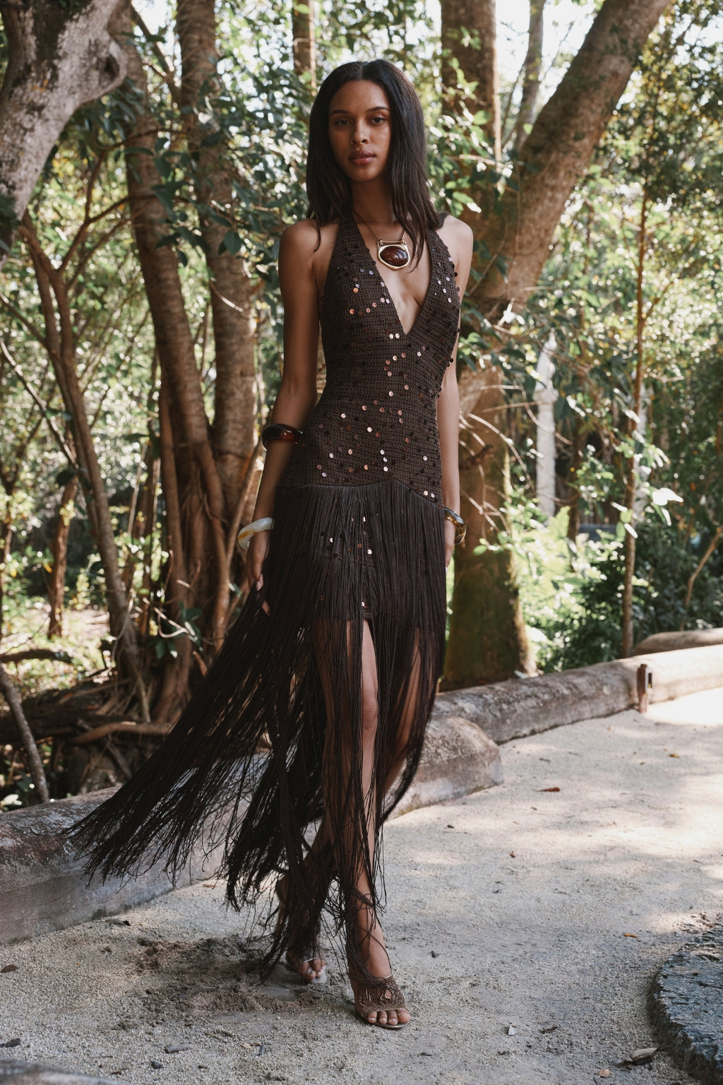 Barefoot Espresso Crochet Sequin Maxi Dress - S Size - Women's Dresses