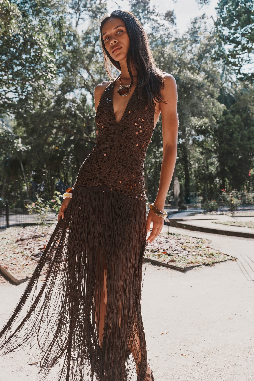 Barefoot Espresso Crochet Sequin Maxi Dress
