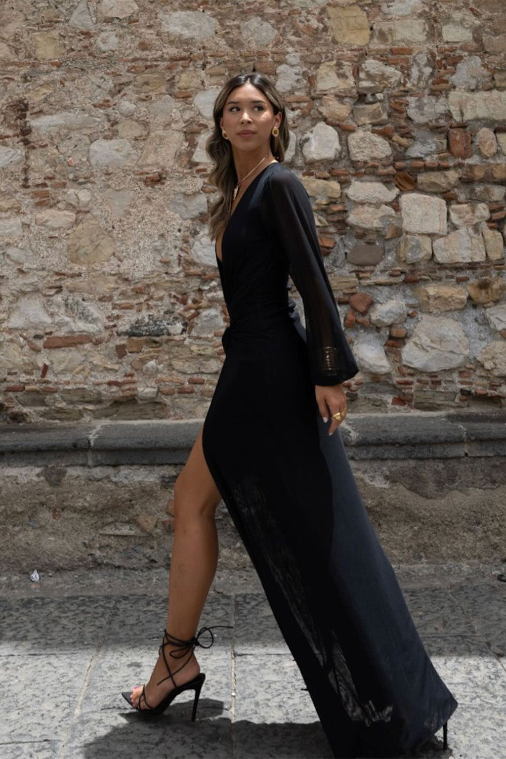 Bella Black Mesh Plunge Maxi Dress