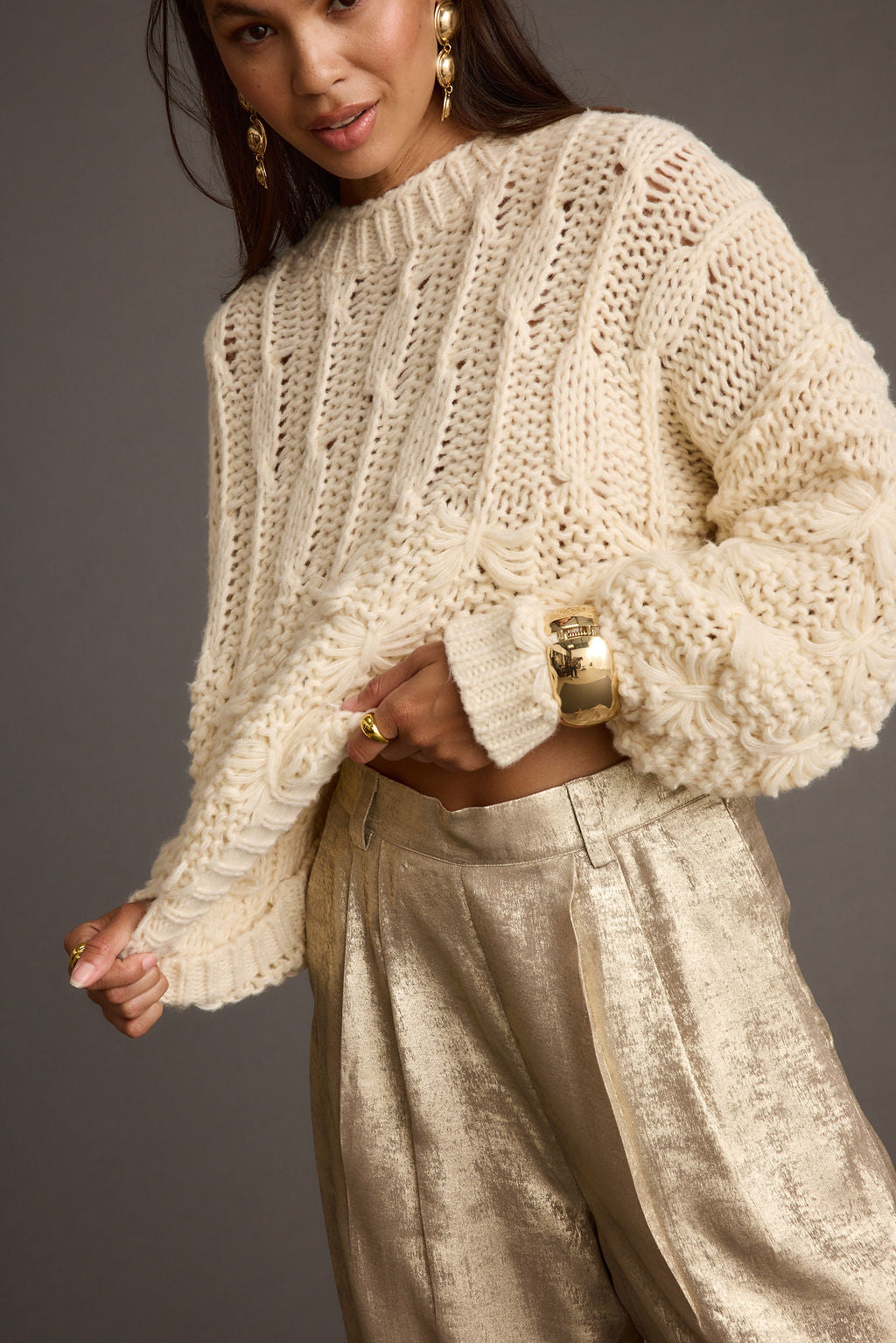 Bethany Cream Cable Knit Sweater styled in a complete look from an alternate angle.