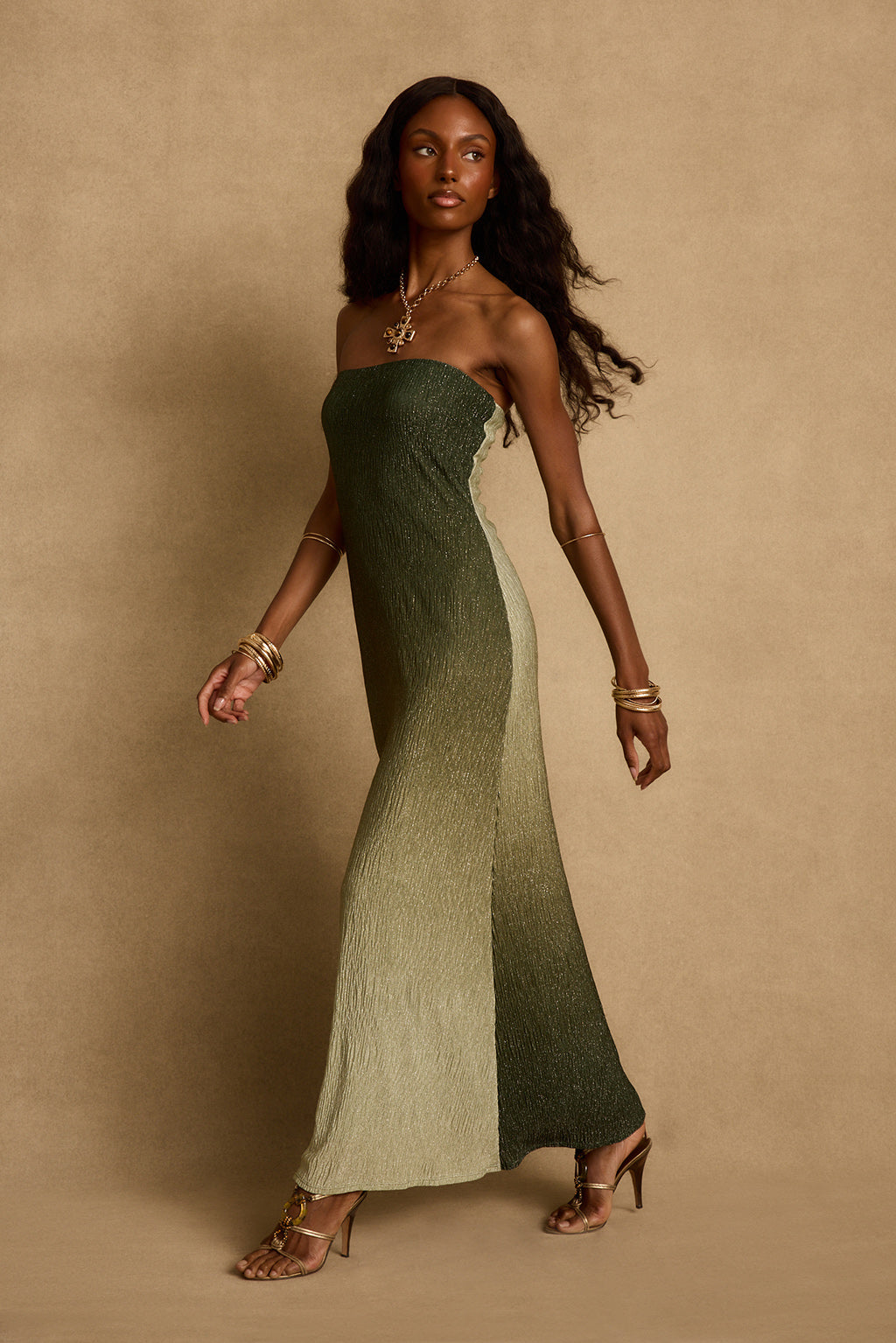 sage green dress sandals Brianna Ombre Strapless Maxi - M Size - Women's Dresses Color_Metallic