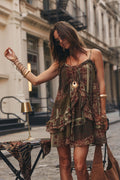 Golden Hour Olive Patchwork Ruffle Mini Dress