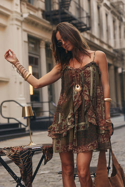 Golden Hour Olive Patchwork Ruffle Mini Dress