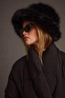 Bucket Down Black Faux Fur Hat