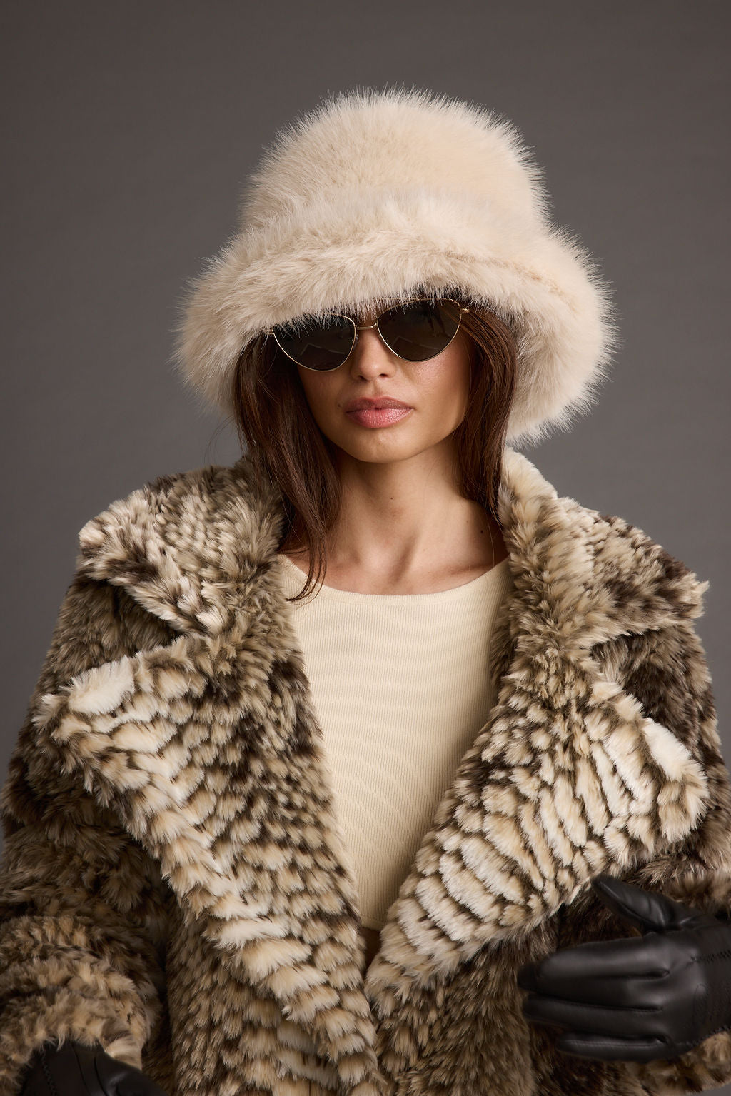Bucket Down Cream Faux Fur Hat