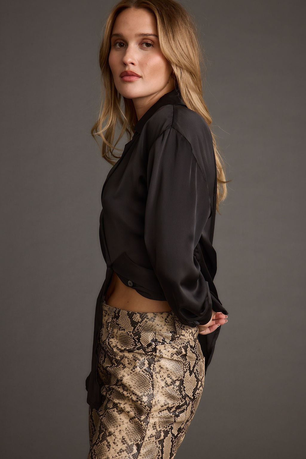 Cash Black Satin Button Down Top