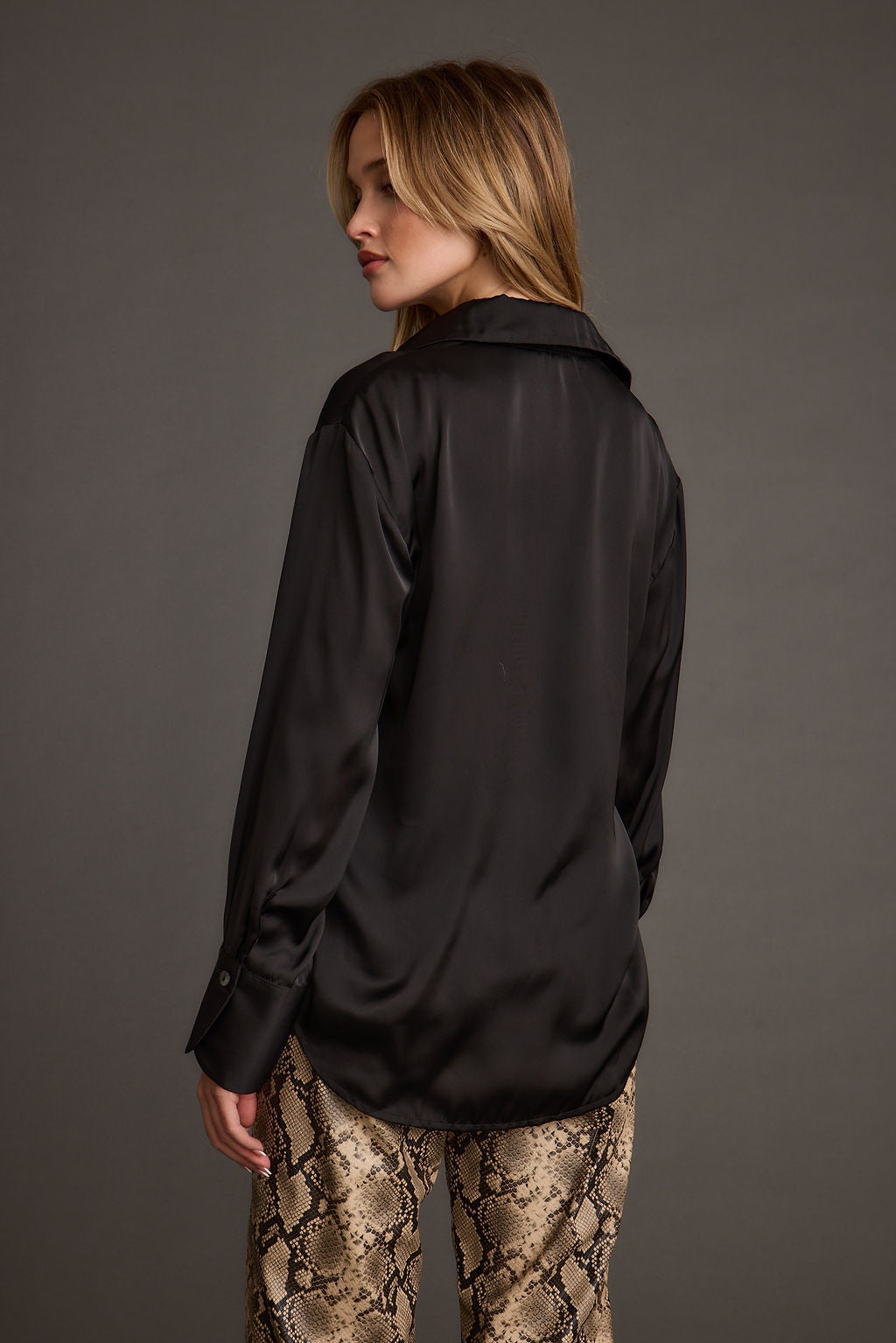 Cash Black Satin Button Down Top