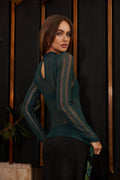 Emerald mesh top with refined accents, a long sleeve sequin top essential.
