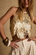 Cleo Gold Sequin Halter Tie Top