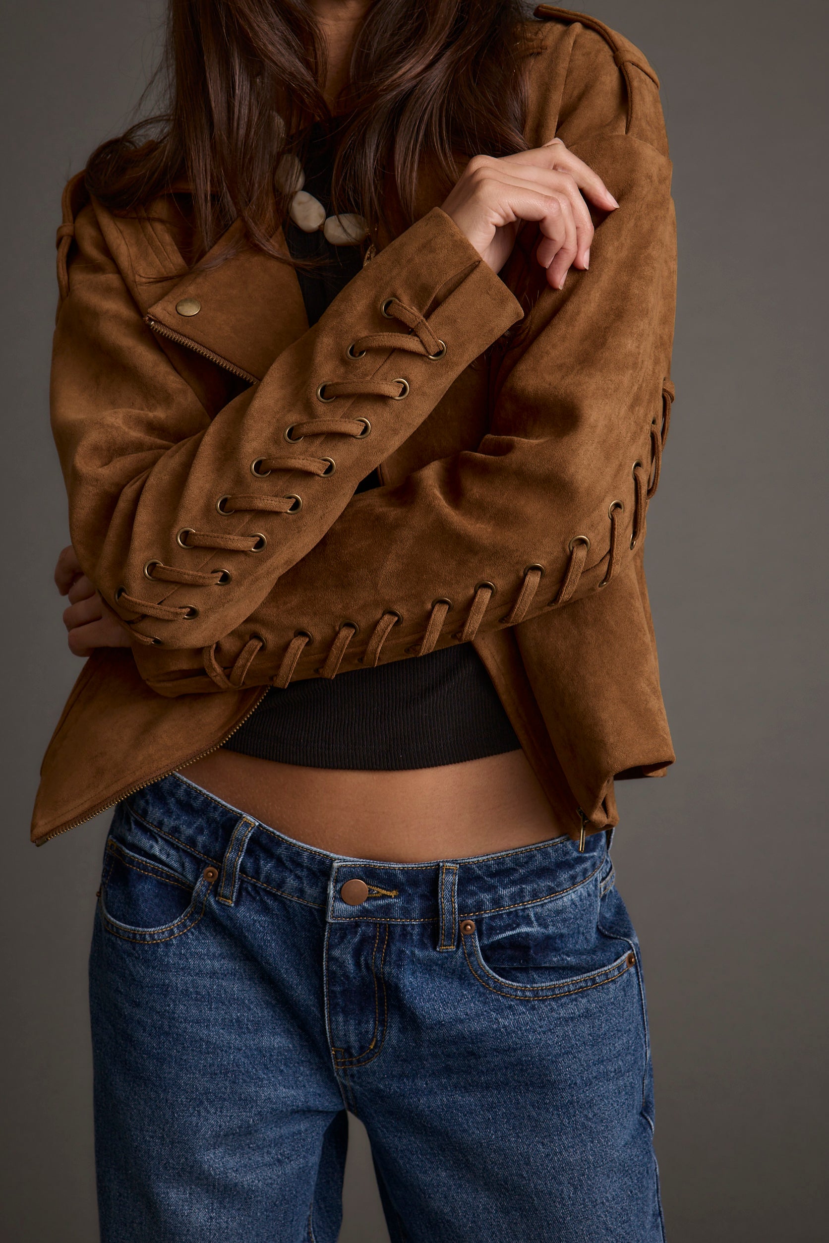 Camden Cognac Vegan Suede Jacket shown in a complementary styling arrangement.