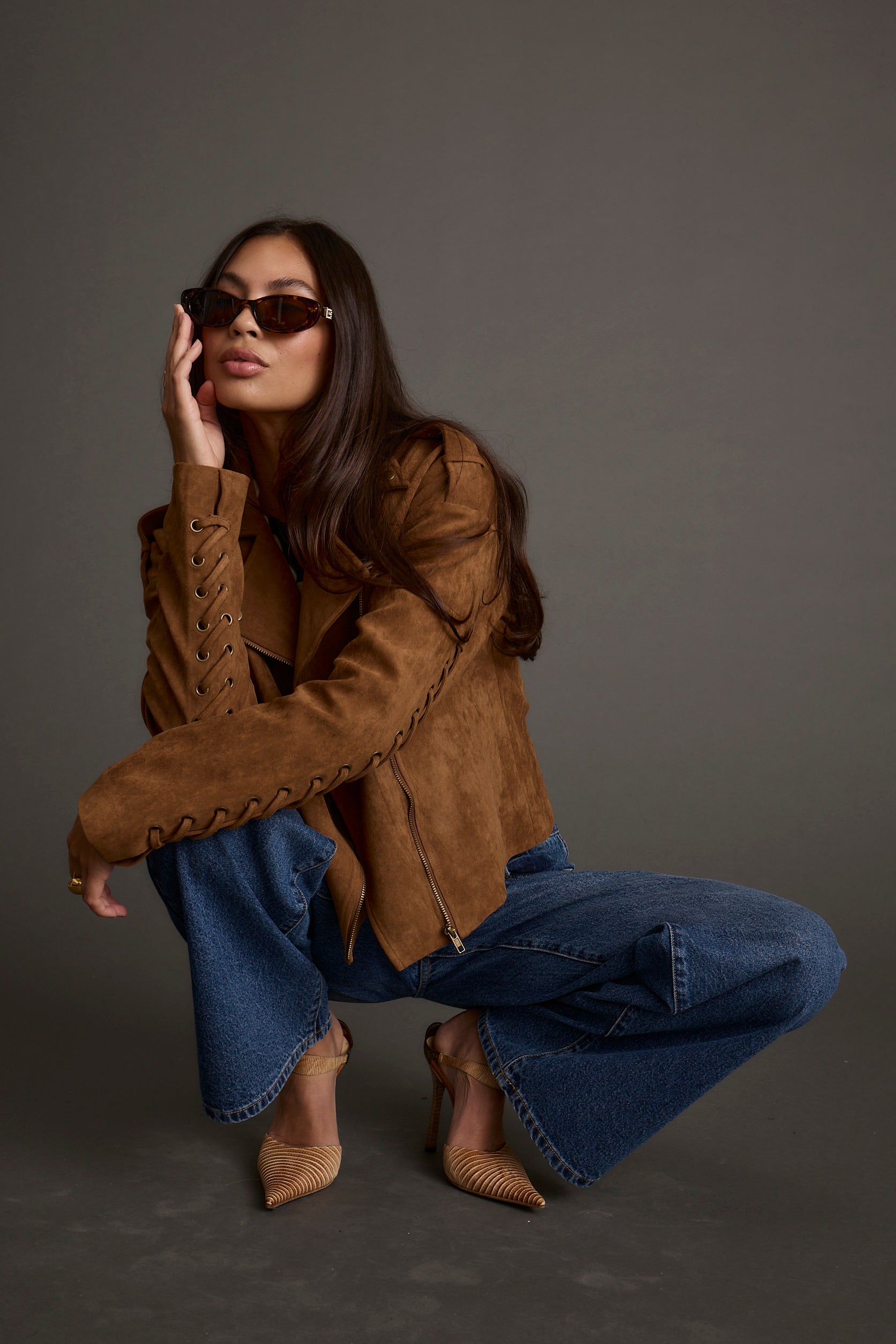 Camden Cognac Vegan Suede Jacket paired with complementary accessories for a polished look.