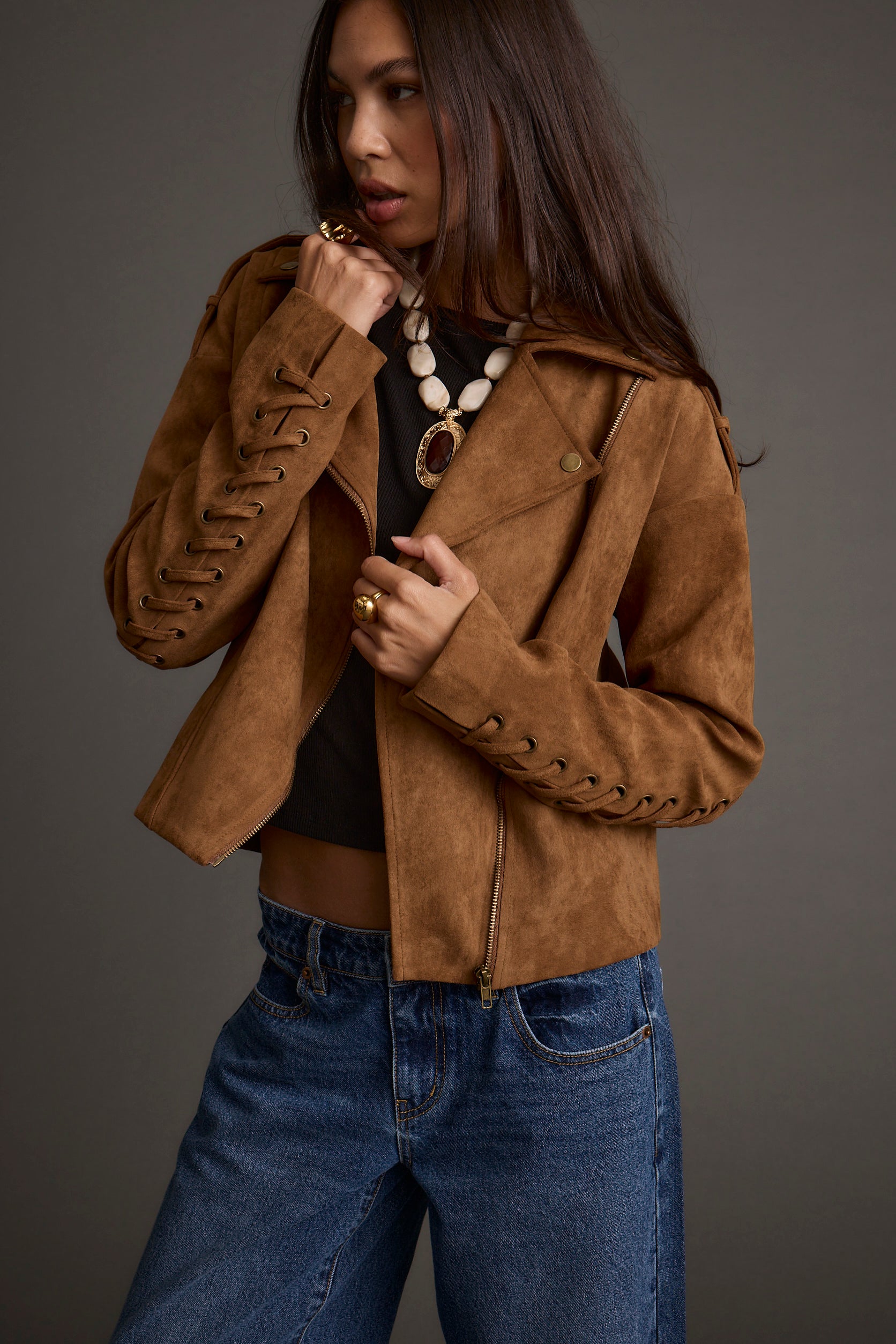 Additional view of the Camden Cognac Vegan Suede Jacket from a different perspective.