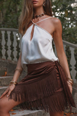 Canela Espresso Satin Fringe Sarong