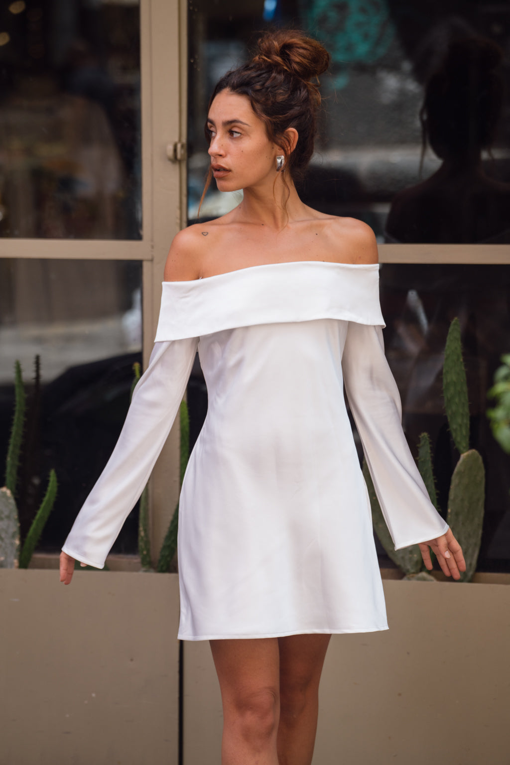 Celia White Off Shoulder Satin Mini Dress - XS Size - Women's Dresses