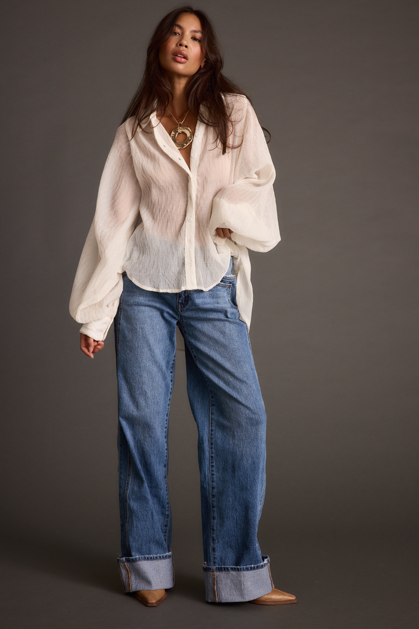 Claudia Ivory Oversized Blouse styled in a complete look from an alternate angle.