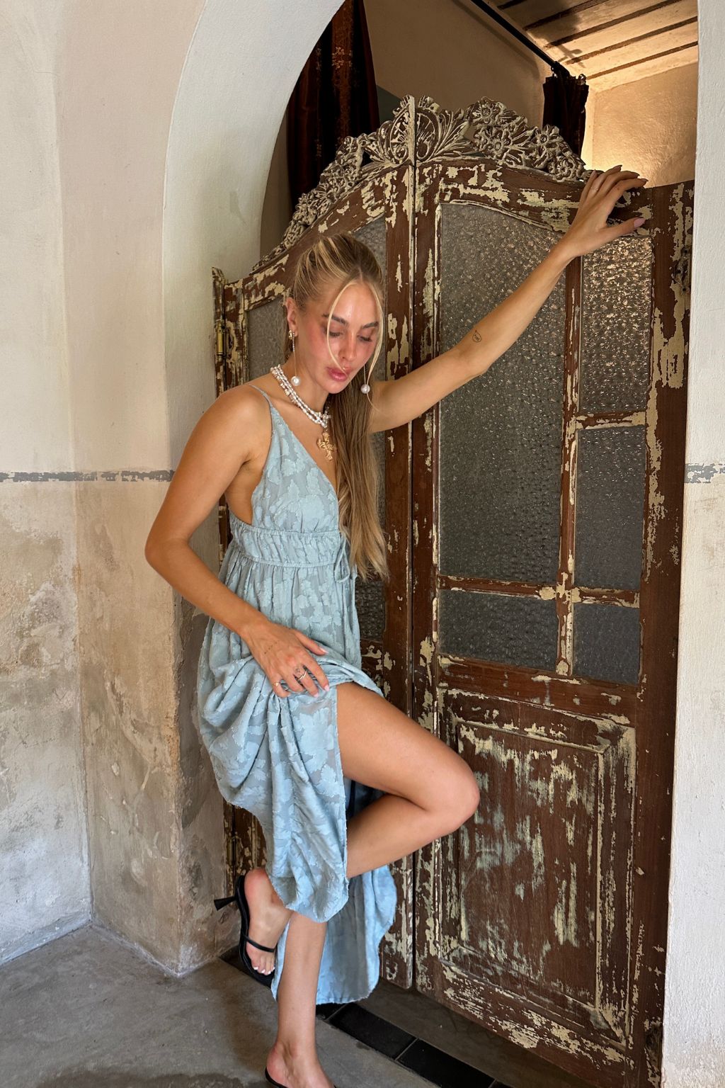 Additional view of the Clemente Blue Textured Maxi Dress from a different perspective.