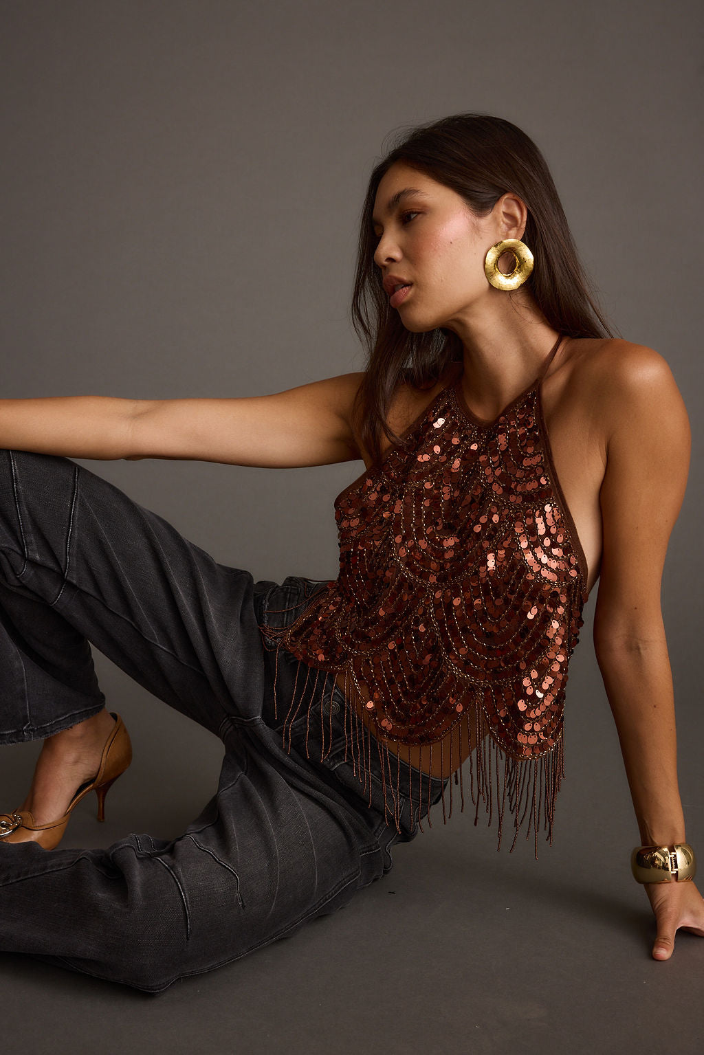 Cleo Espresso Beaded Halter Top