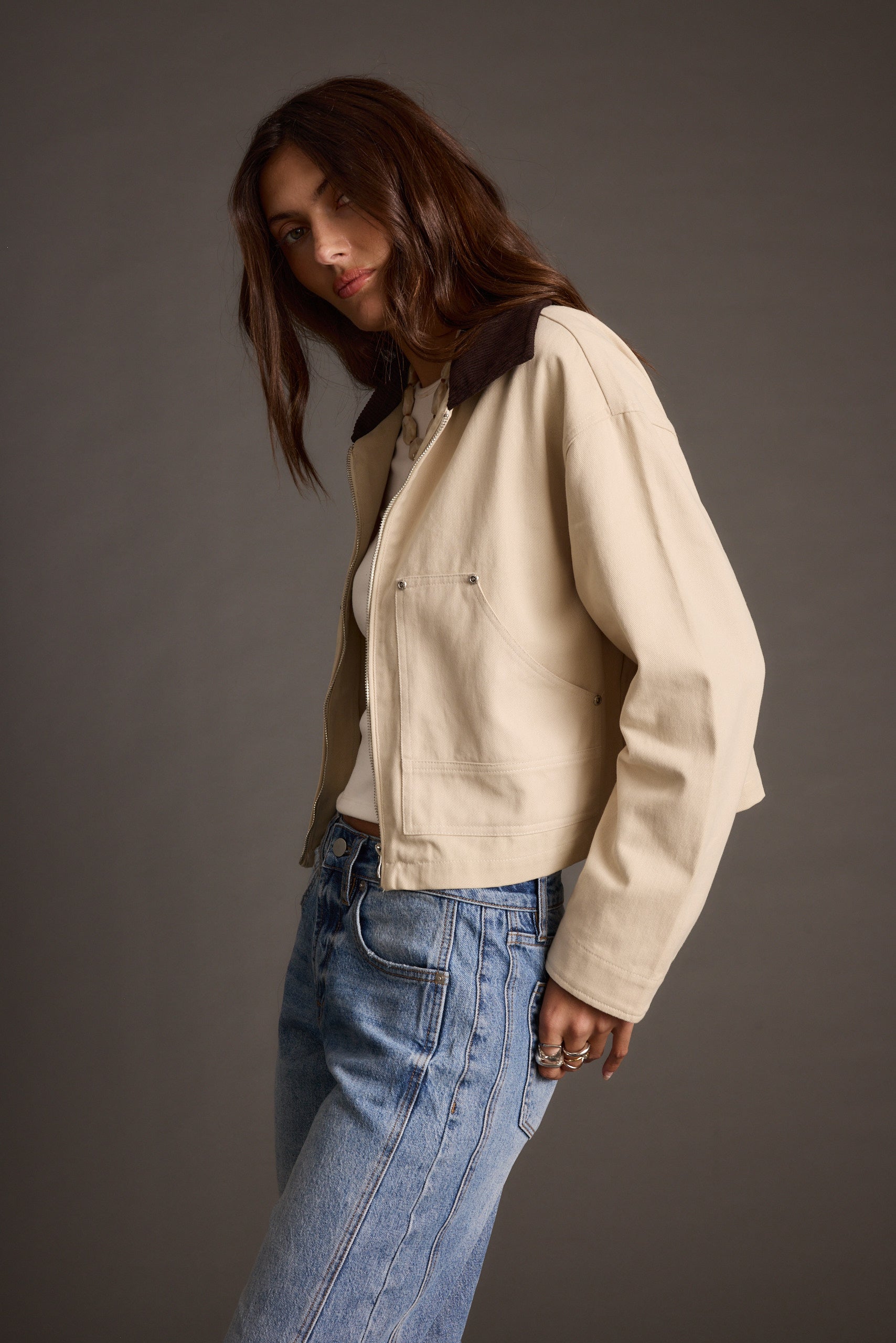 Additional view of the Cypress Light Khaki Cropped Barn Jacket from a different perspective.