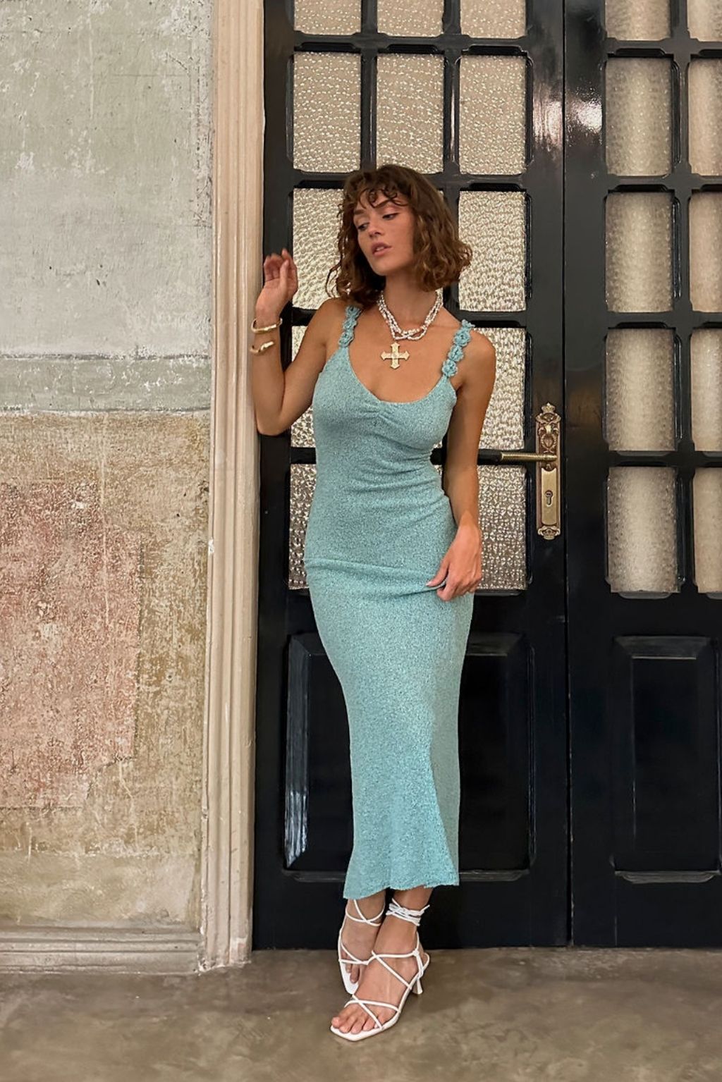 Additional view of the Cyrus Blue Knit Maxi Dress from a different perspective.