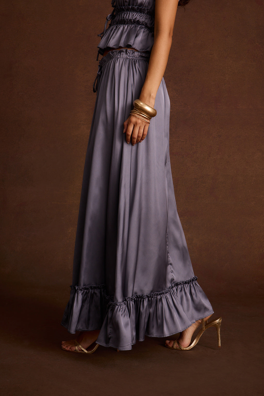 Dahlia Slate Satin Maxi Skirt