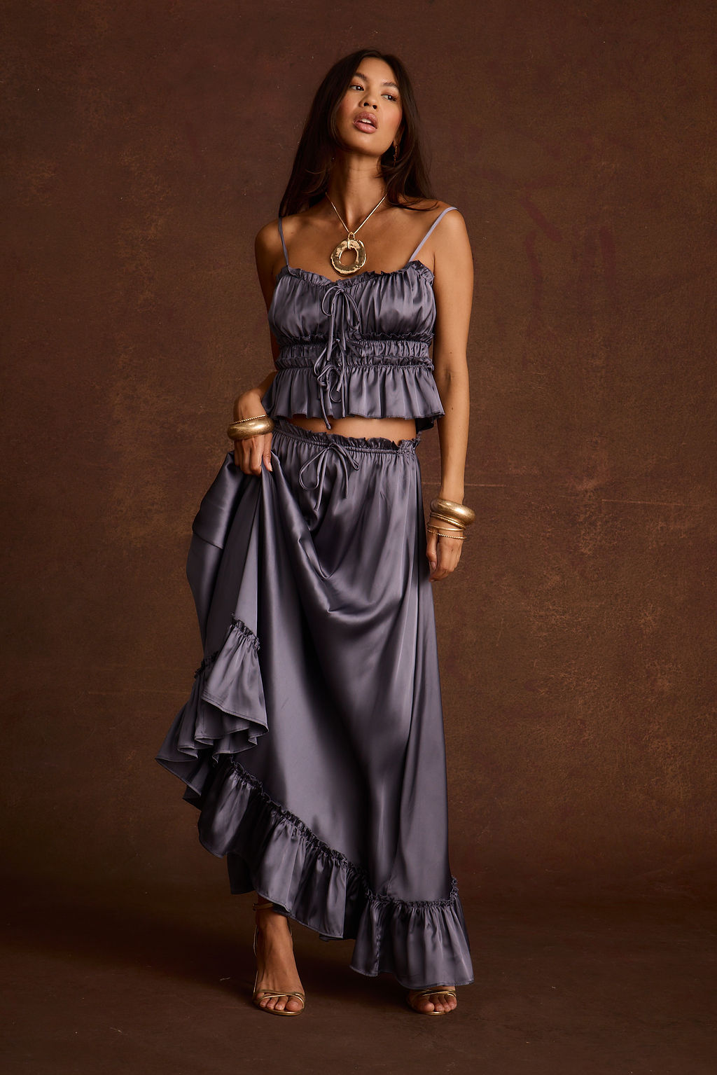 Dahlia Slate Satin Maxi Skirt | 12th Tribe