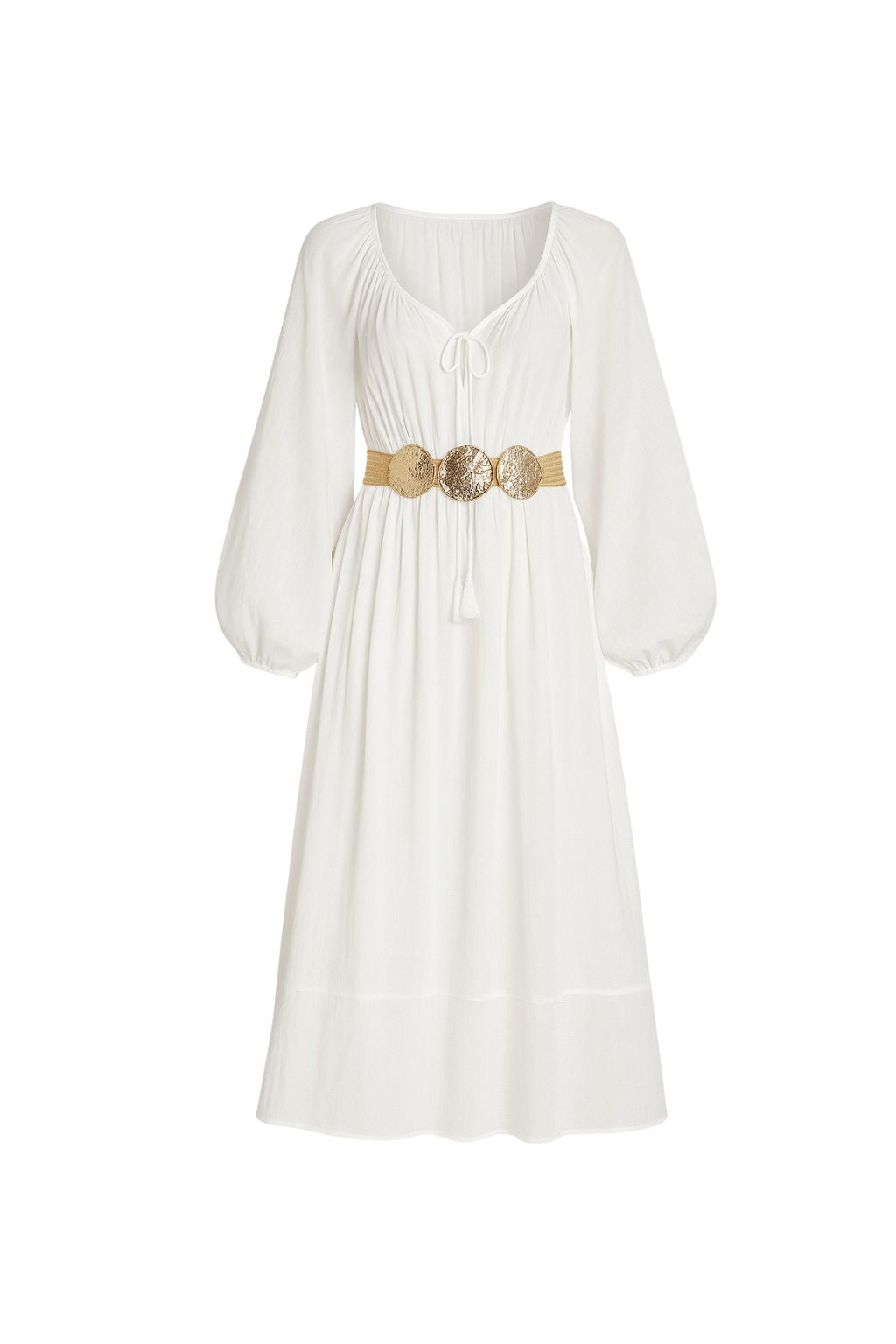 Danika White Linen Maxi Dress shown in a complementary styling arrangement.