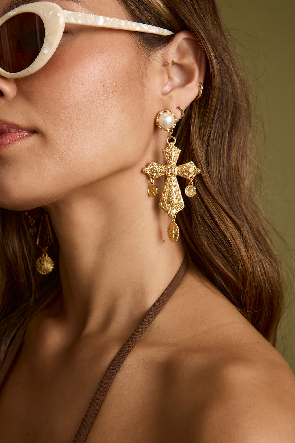 Devoted Gold Cross Pearl Earrings paired with complementary accessories for a polished look.