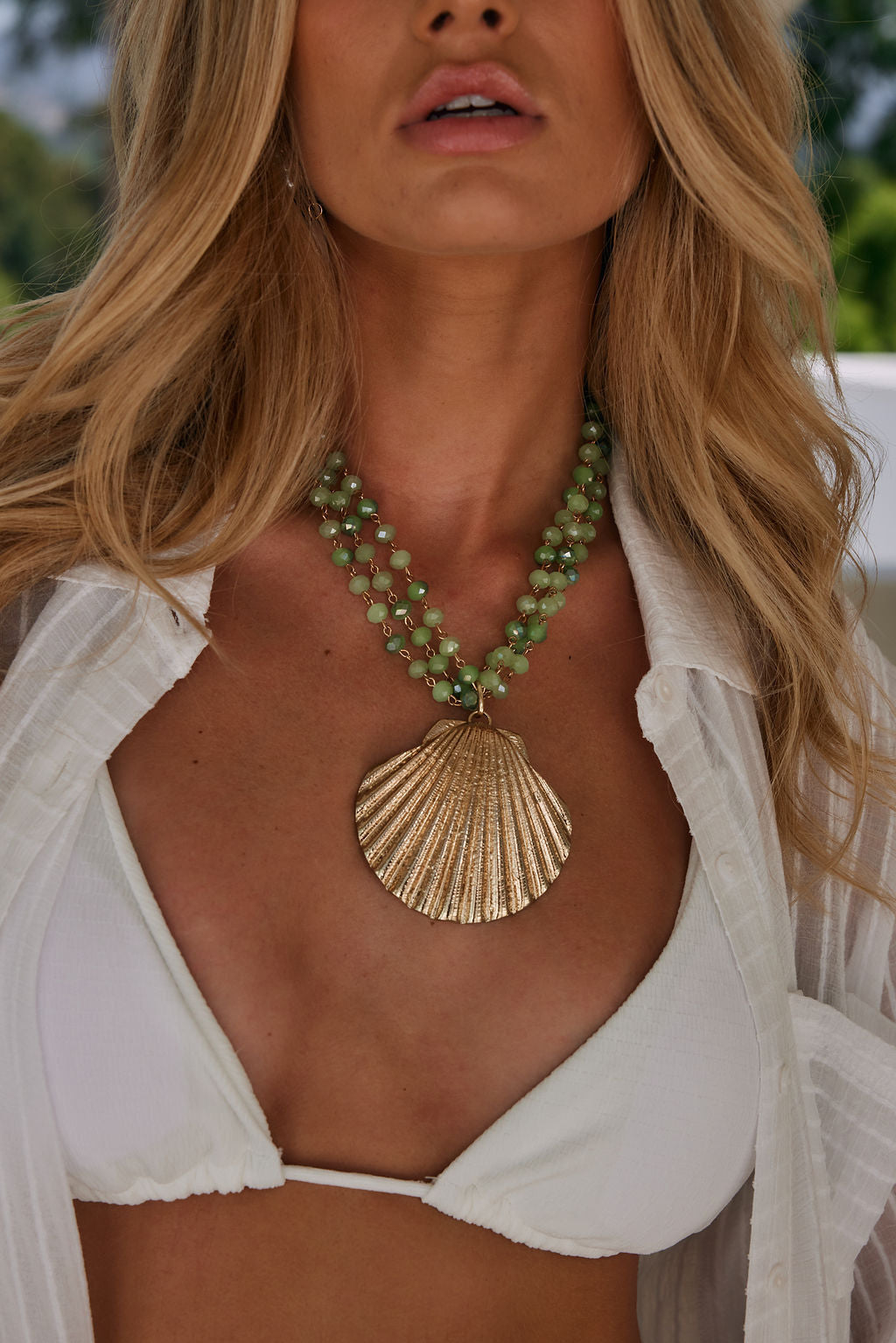 Emerald Mermaid Beaded Gold Shell Necklace