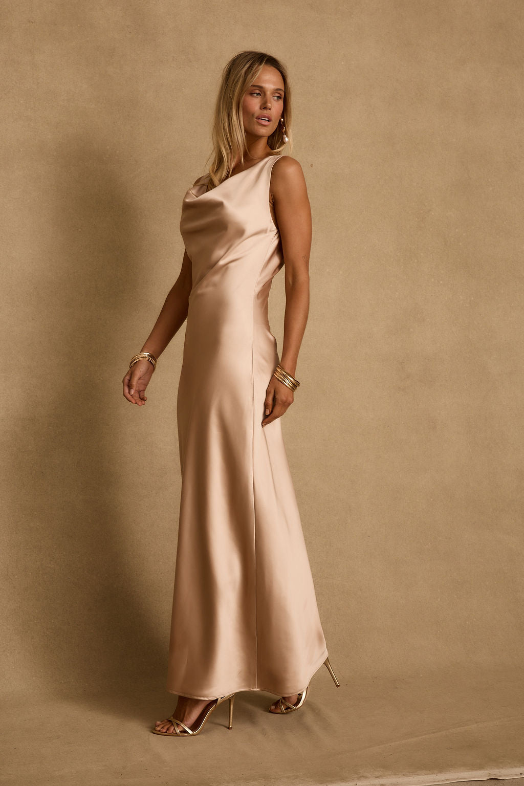 Dolce Champagne Satin Maxi Dress - XL Size - Women's Dresses