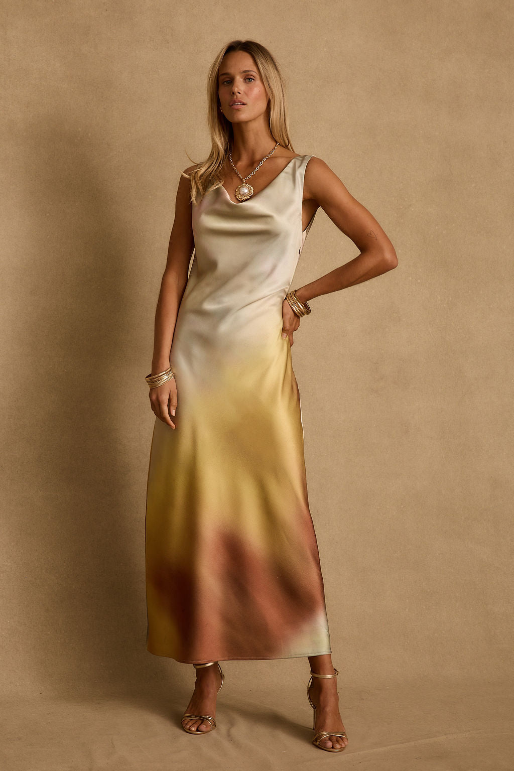 Dolce Golden Ombre Cowl Maxi Dress