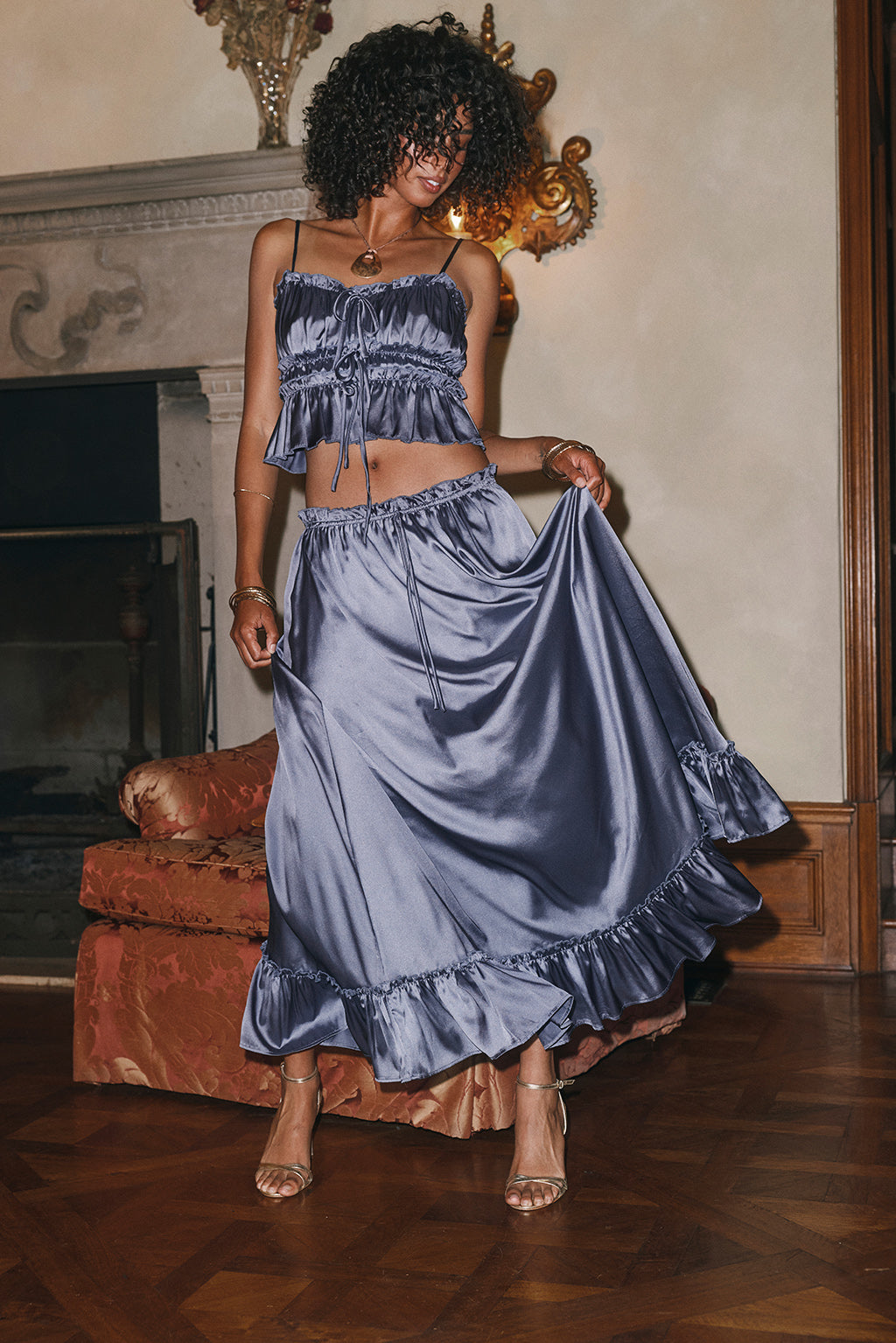 Dahlia Slate Satin Maxi Skirt
