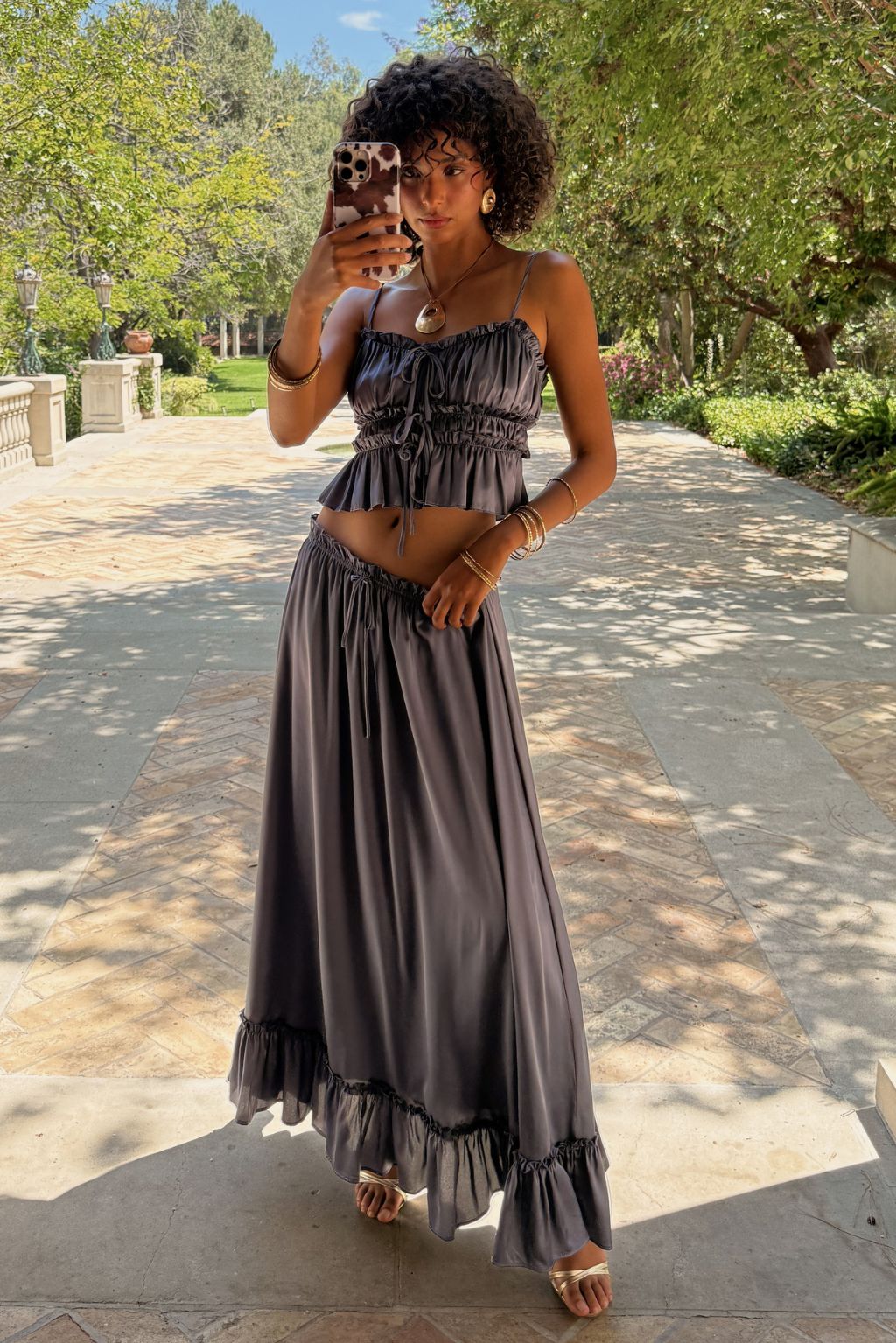 Dahlia Slate Satin Maxi Skirt