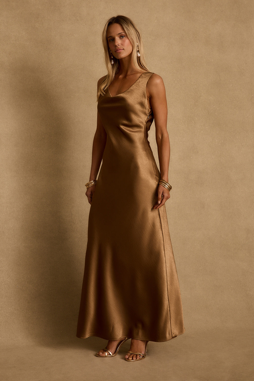 light brown silk dress Dolce Bronze Satin Maxi Dress - L Size - Women's Dresses