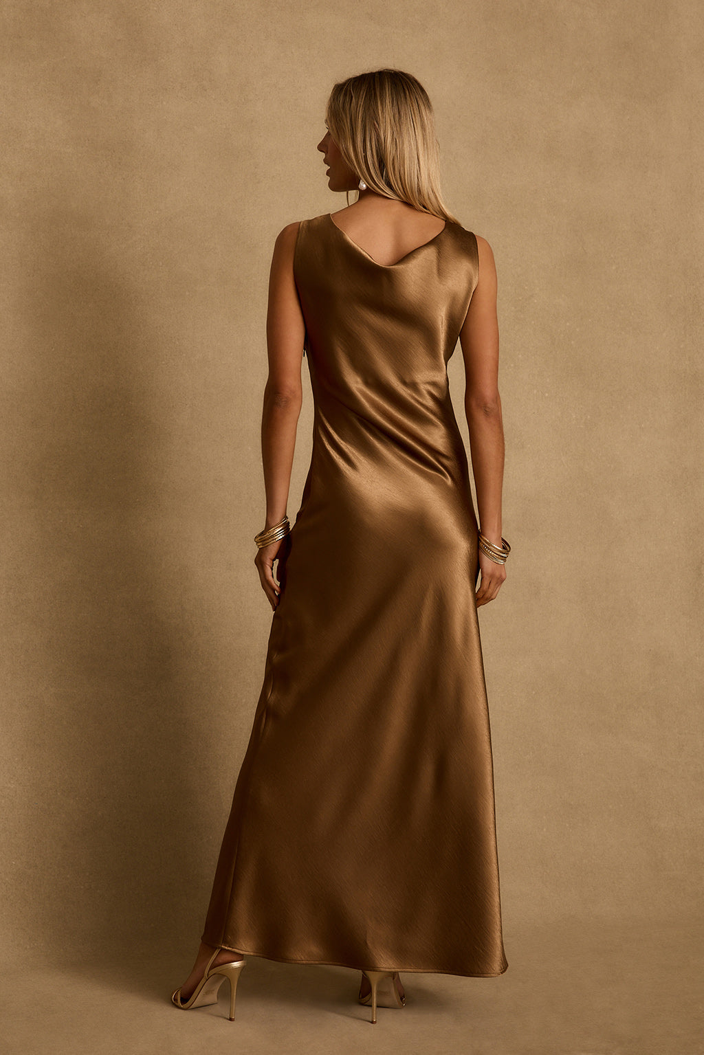 Dolce Bronze Satin Maxi Dress - M Size - Women's Dresses