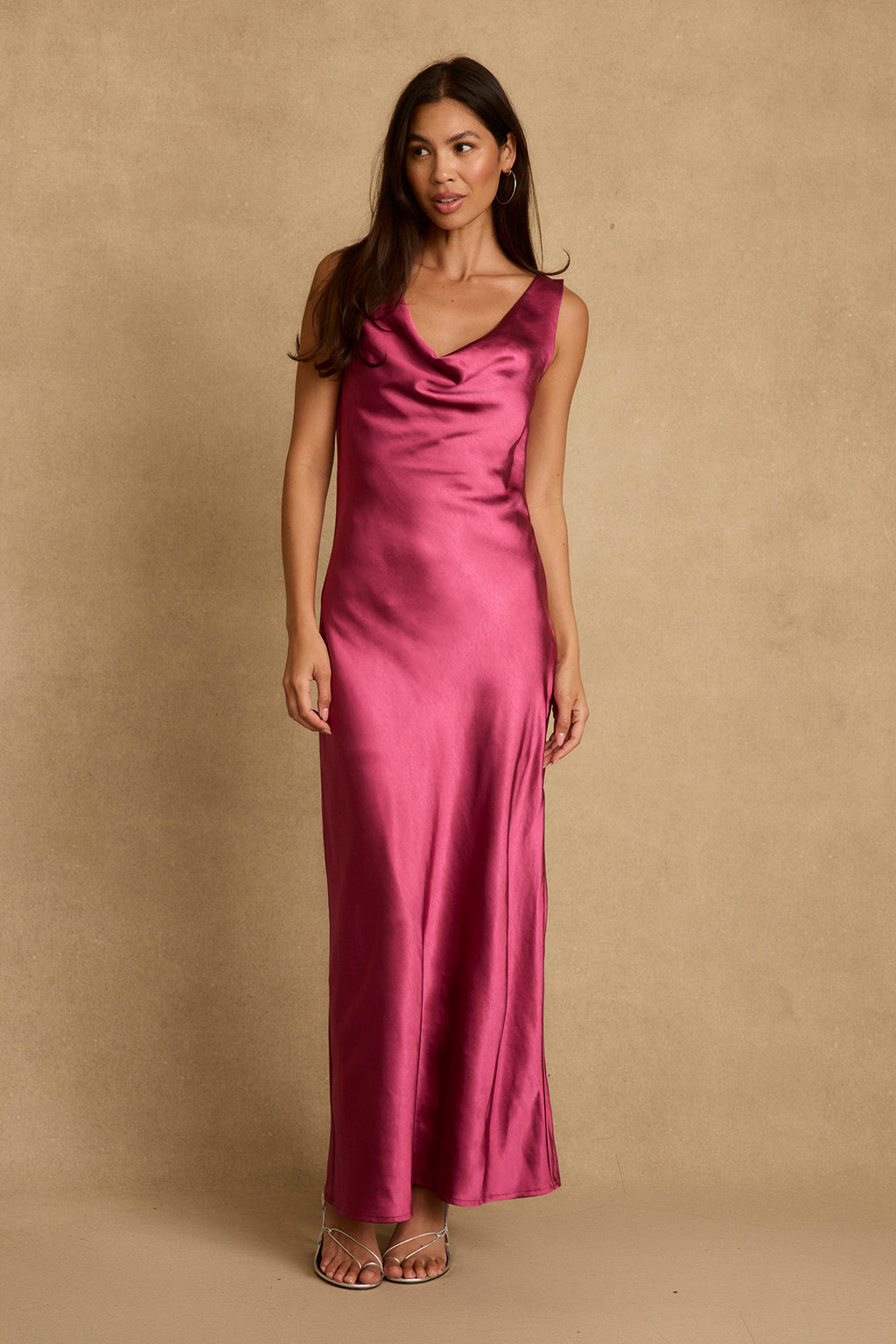 Dolce Fuchsia Satin Maxi Dress - S Size - Women's Dresses