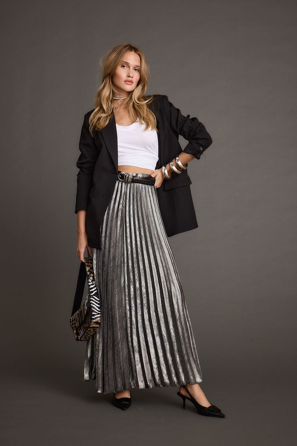 Electric Love Gunmetal Metallic Pleated Maxi Skirt – 12th Tribe