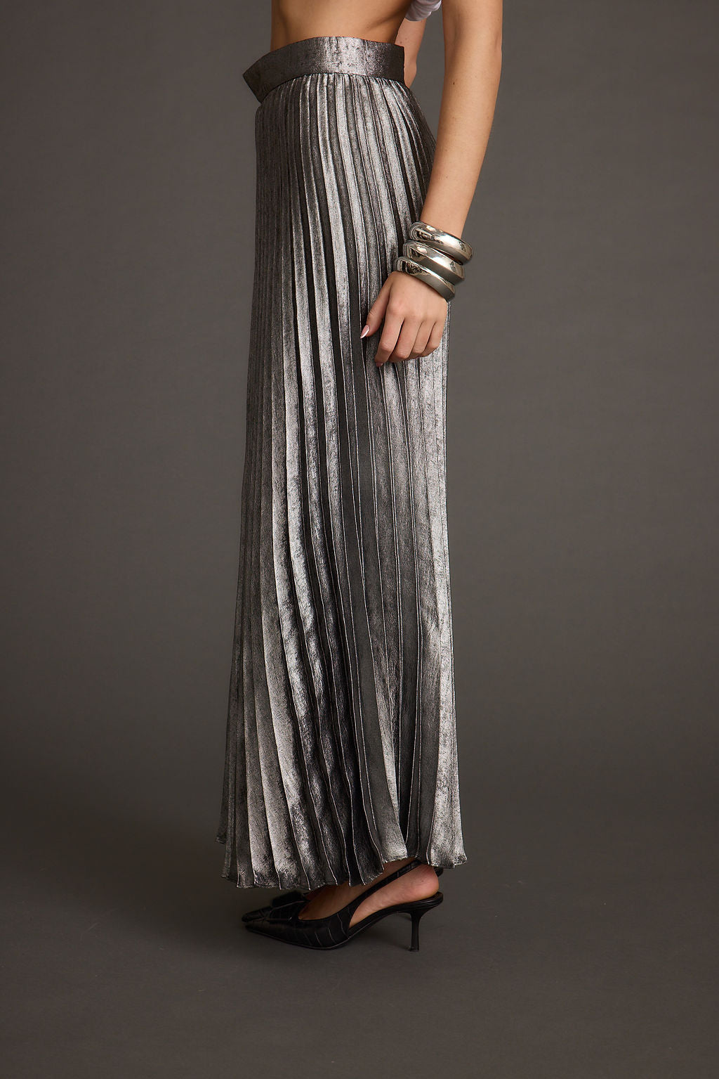 Electric Love Gunmetal Metallic Pleated Maxi Skirt