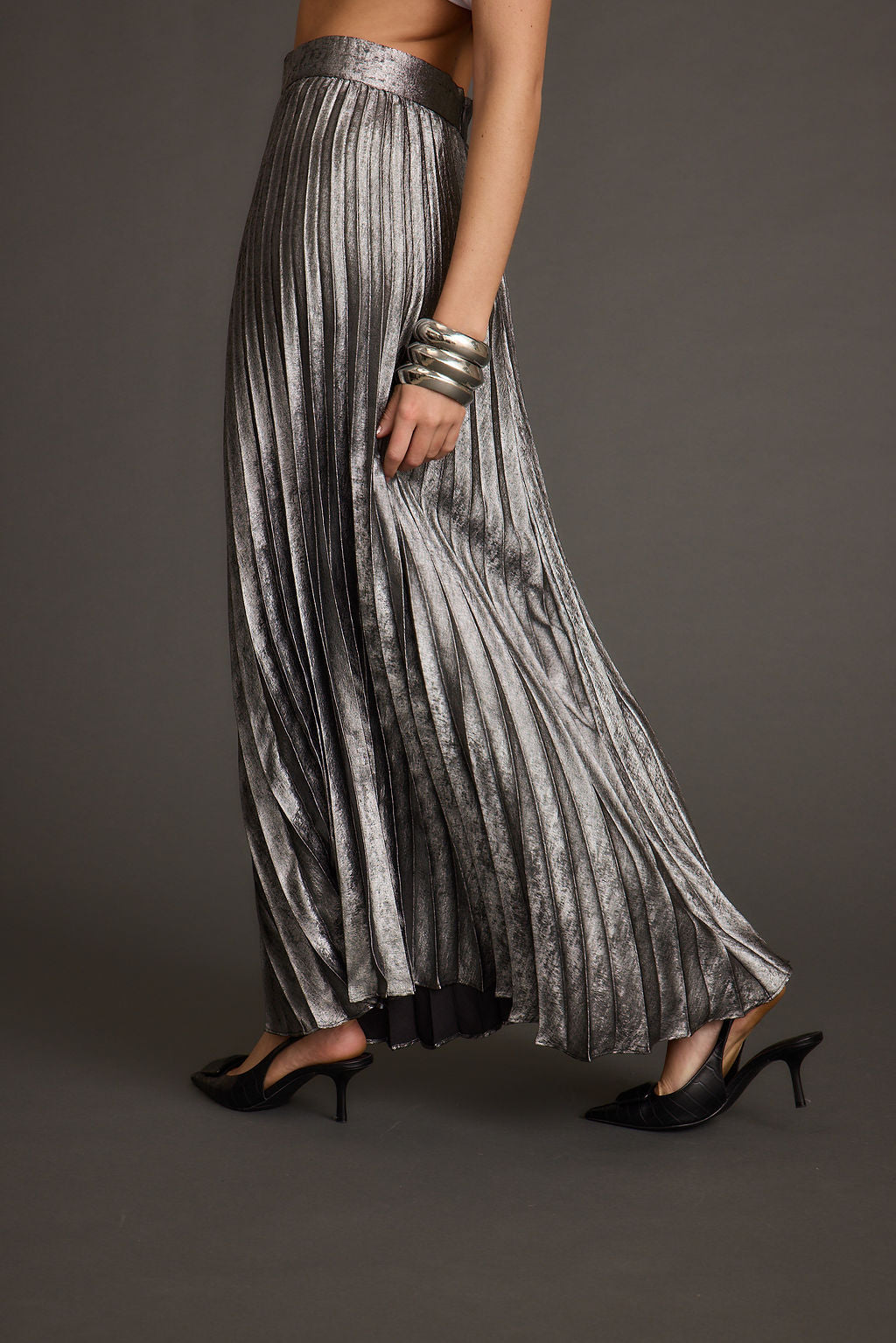 Electric Love Gunmetal Metallic Pleated Maxi Skirt