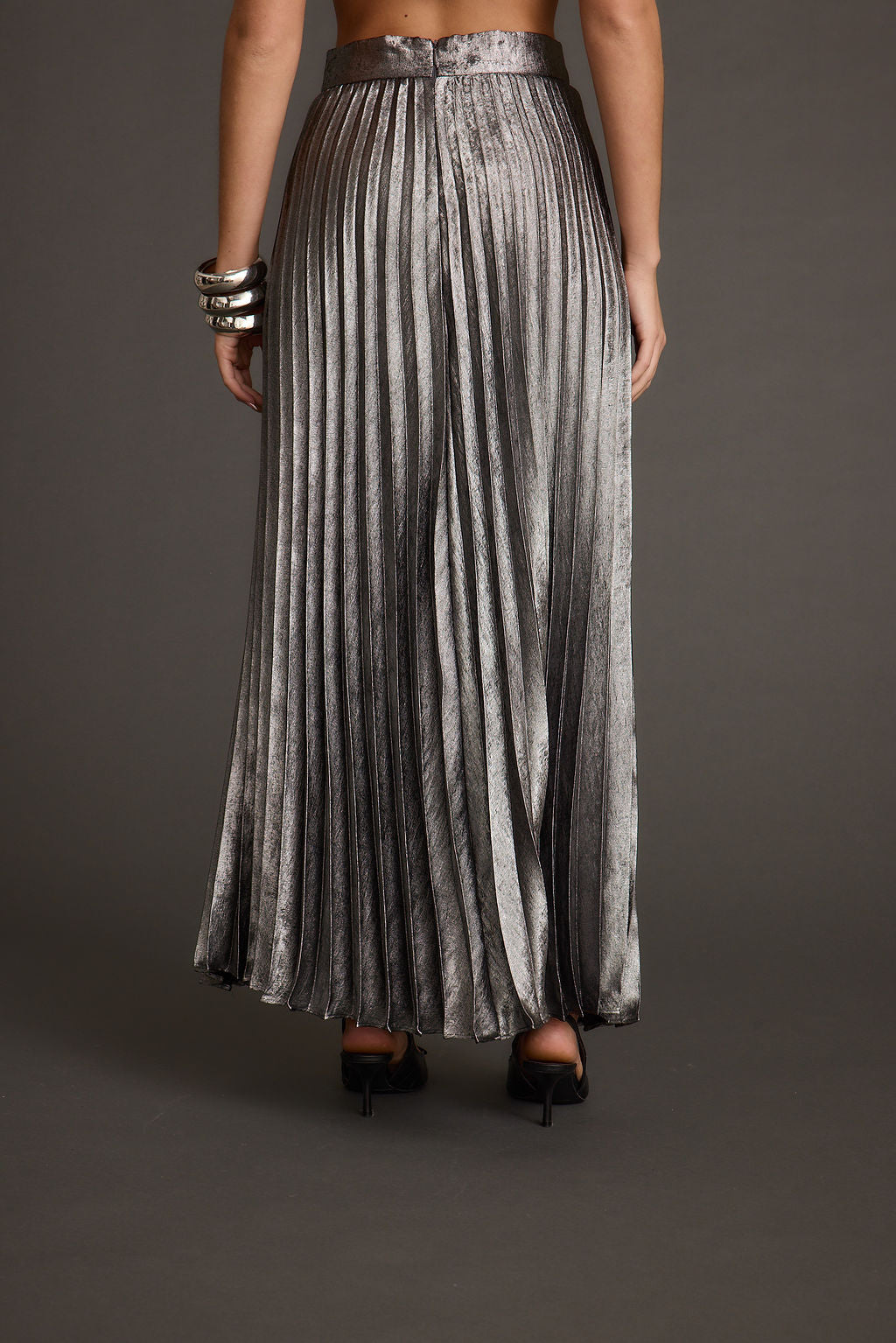 Electric Love Gunmetal Metallic Pleated Maxi Skirt